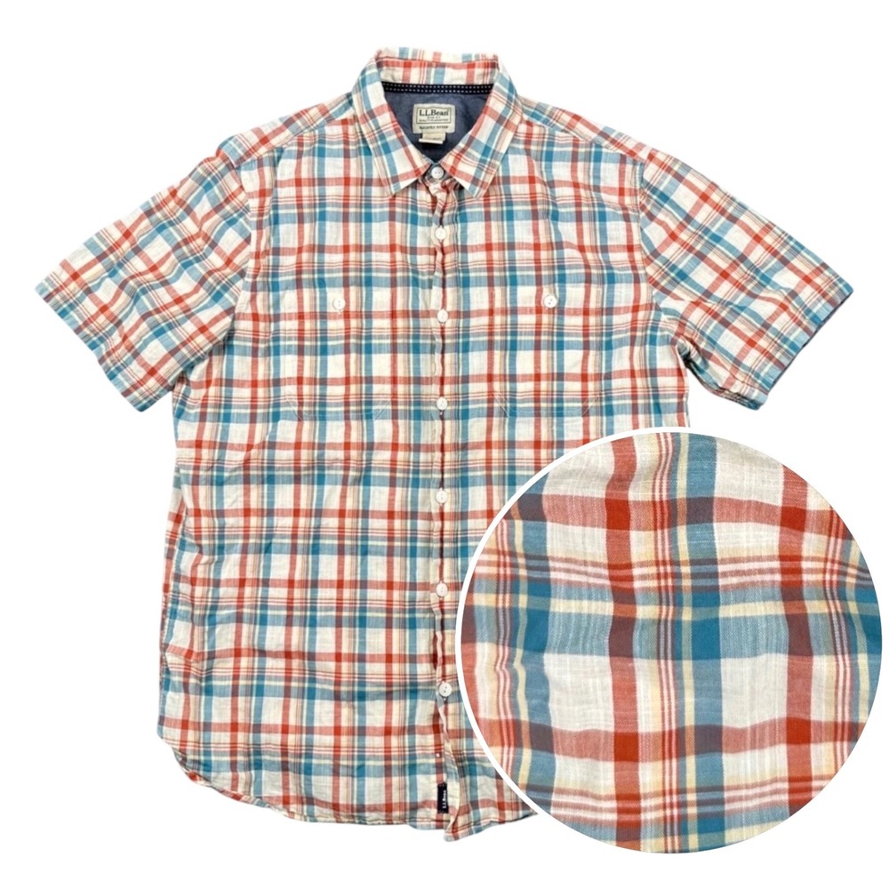 LL Bean Short Sleeve Button Down Shirt Mens‎ Medium Plaid 100% Organic Cotton